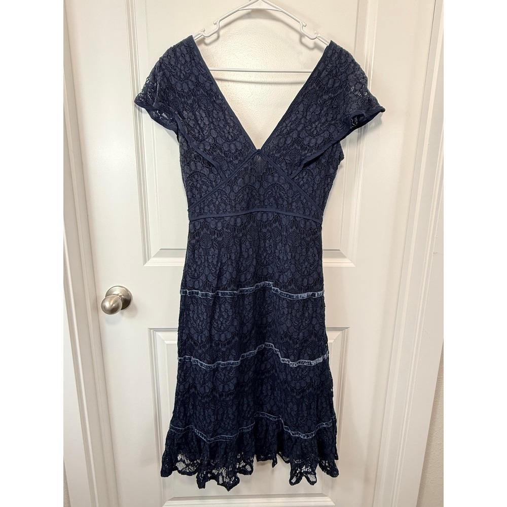 Foxiedox Navy Blue S Lace Tiered‎ Midi Dress Small Witchy Fairy Anthropologie